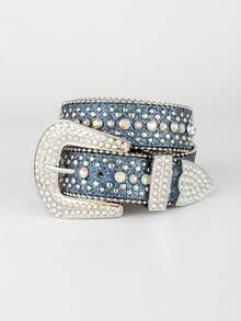 1pc Unisex Rhinestone Embellished Western Cowboy Style Luxury Leather Belt - Dusty Blue - View 15