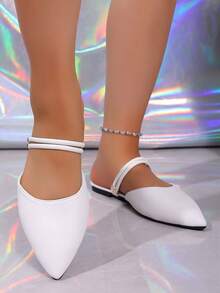 Damen Ballerinas mit spitzer Zehenpartie, lässig modisch vielseitig, mit dünnem Riemen und Metallschnalle, weiches PU-Material, Slip-On Schuhe, elegante Alltags-Büro-Ballerinasandalen - Weiss - Übersicht 5