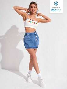 Envoltorio de falda pantalón denim con dobladillo asimétrico de unicolor - Azul - Ver 5