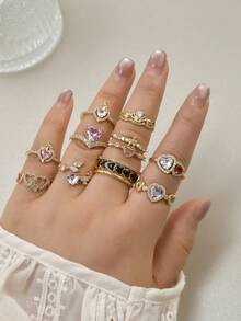 1pc Fashionable Heart Zirconia Open Ring, Sweet Luxury Gold Stackable Rings For Women, Y2K Style Pink & White Heart Zirconia Adjustable Gold Open Ring, Versatile Daily Wear, Multiple Styles Of Heart Drip Oil Rhinestone Rings, Gift For Girlfriend, Jewelry - Multicolor - View 1