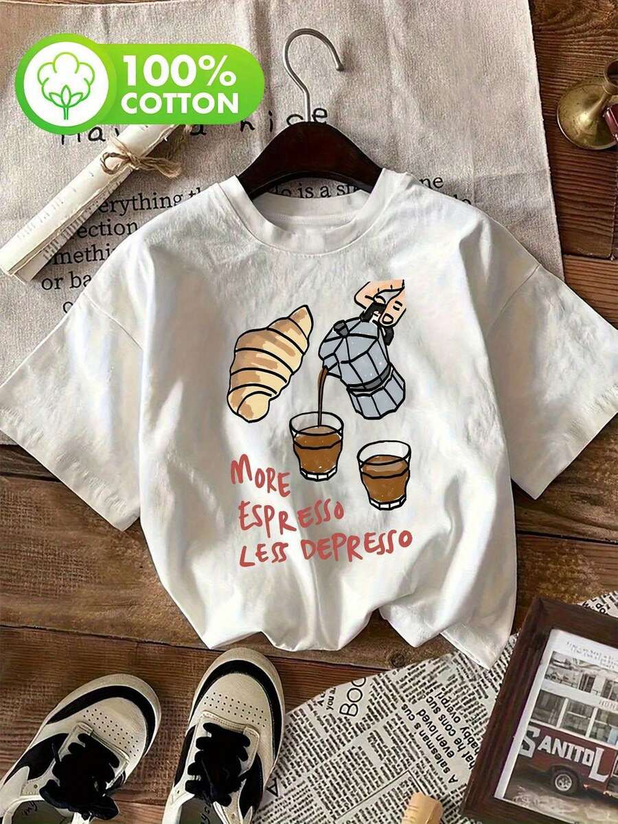 Camiseta para amantes del café para mujer - Diseño gráfico 'Más Espresso, Menos Depresión', Camiseta suave para uso diario en cafeterías, oficinas, conjuntos casuales - Ropa para mujer lavable a máquina, Regalos para amantes del café, Diseño divertido, Ajuste cómodo, Camiseta de manga corta, Ropa de oficina, Ajuste relajado, Tela transpirable, Camiseta de manga corta, Para trabajadores de oficina |   Diseño exquisito |   Suelto y cómodo |   Fácil de combinar | - Blanco - Ver 1
