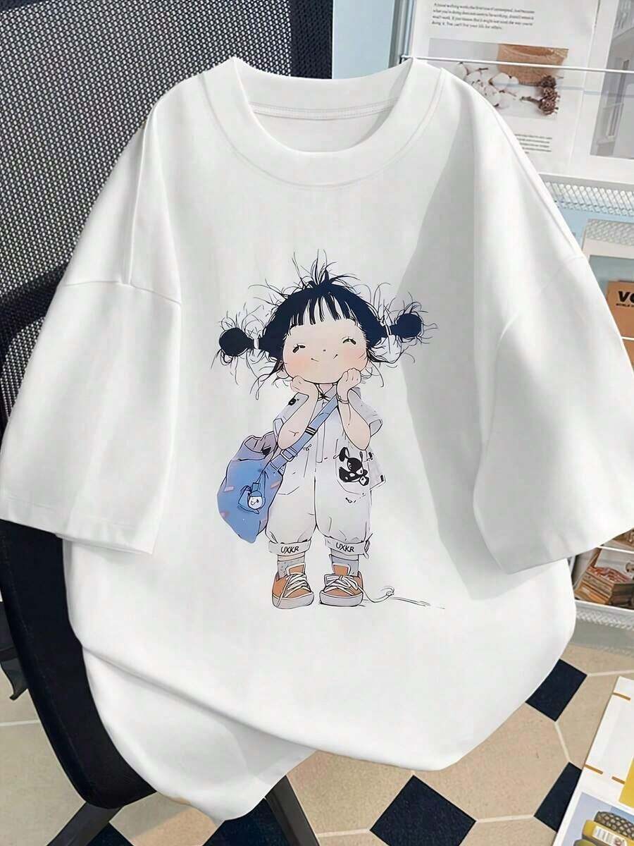 Camiseta de mujer de manga corta holgada y casual con estampado de chica con mochila, estilo dulce de cuello redondo, blanca para verano-Vintage Street Style Unisexoose Cotton Short Sleeve Crew Neck T-Shirt - Blanco - Ver 1