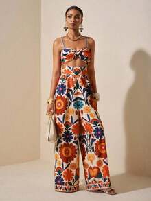Mono de mujer con estampado floral completo, de pierna ancha y super larga, con diseño retorcido hueco en la cintura delantera, elegante para uso diario, fiesta, vacaciones en la playa o paseo, en color albaricoque - Multicolor 2 - Ver 3