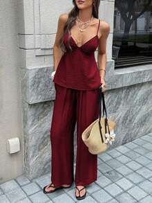 Conjunto de 2 piezas para mujer : Top de camisola elegante y pantalones holgados con cordón, camisola de lino con escote en V profundo y diseño sin espalda, y pantalones de cintura relajada, conjunto sexy, lindo y elegante para el verano - Burdeos - Ver 7