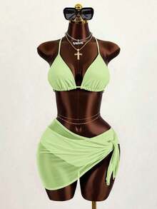 Conjunto de 3 piezas de traje de baño de bikini de unicolor y estilo sexy de halter para mujeres, conjunto de traje de baño, para vacaciones de verano en la playa - Verde lima - Ver 3