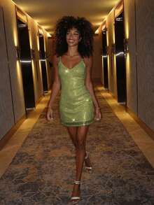 Sequin Bodycon Spaghetti Strap Formal Dress For Night Out, Birthday Party, Anniversary, Graduation, Music Festival, Formal Dinner Wedding Fall - Light Green - View 4