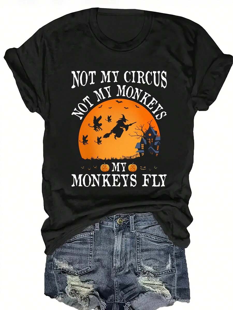 Camiseta de algodón de manga corta para mujer - Camiseta de moda de talla grande con cuello redondo y estampado de Halloween y mangas cortas - Negro - Ver 1