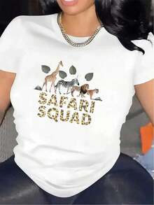 Women's Squad Graphic T-Shirt - Lightweight And Durable Polyester T-Shirt With Giraffe, Zebra, Lion, And Leopard Print - White T-Shirt For Parties, Travel, And Everyday Casual Wear - Comfortable Crew Neck Top For Women, Travel Clothes, Fun Design, Breathable Material, Short Sleeve T-Shirt For Fashion Lovers - 白色 - 查看 1
