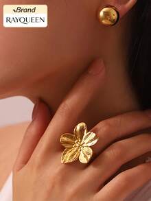 RAYQUEEN 1pc Stainless Steel Exaggerated Big Flower Open Ring, Suitable For Holidays, Gifts, Beach Parties - Ring - View 3
