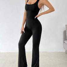 PETITE Summer Solid Color Hollow Out Flare Skinny Jumpsuit - Azul - Ver 8