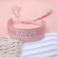 1pc Handmade Embroidered "HAPPY" Letter Woven Bracelet, Suitable For Friends, Family, Festivals, Parties, Travel, Boho Casual Vintage Beach Vacation Friendship Bracelet - Baby Pink - View 3