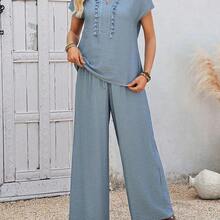 Conjunto de 2 piezas de top y pantalones casuales de verano de unicolor con flecos para mujer - Azul - Ver 5