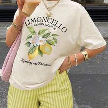 Set de 2 piezas de conjunto casual de verano para mujer con camiseta estampado de limón y shorts a rayas - Caqui - Ver 4