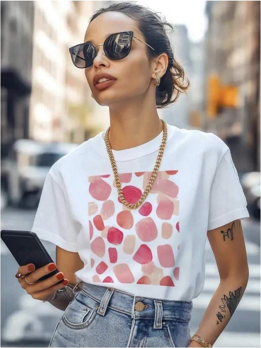 Camiseta de manga corta con estampado de lunares para mujer, en stock para envío internacional, nueva moda de verano, top casual de cuello redondo, camiseta de manga corta para mujer. - Negro - Ver 1
