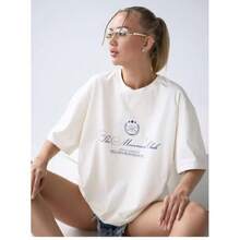 100% algodón puro, estampado dulce y fresco, adecuado para usar como prenda exterior, rejuvenecedor, corte holgado, estilizador, único, casual, cómodo, cuello redondo, manga corta. - Blanco - Ver 9
