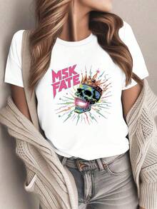 Camiseta MSK Fate para Mujer - Estampado de Corona de Calavera Neón y Diseño Gótico Geométrico, uste Casual para Atuendos Informales y Eventos Temáticos, Top Lavable a Máquinara Todas las Estaciones - Blanco - Ver 2