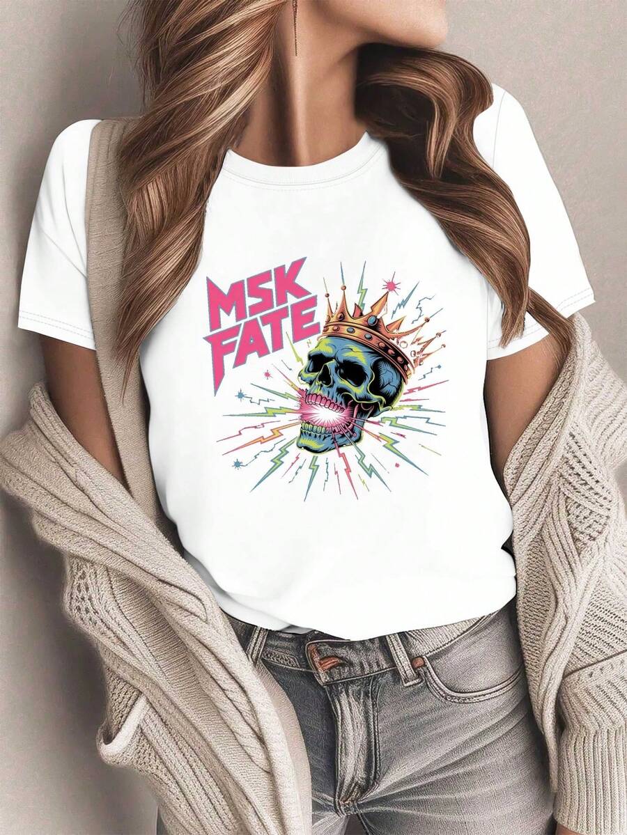 Camiseta MSK Fate para Mujer - Estampado de Corona de Calavera Neón y Diseño Gótico Geométrico, uste Casual para Atuendos Informales y Eventos Temáticos, Top Lavable a Máquinara Todas las Estaciones