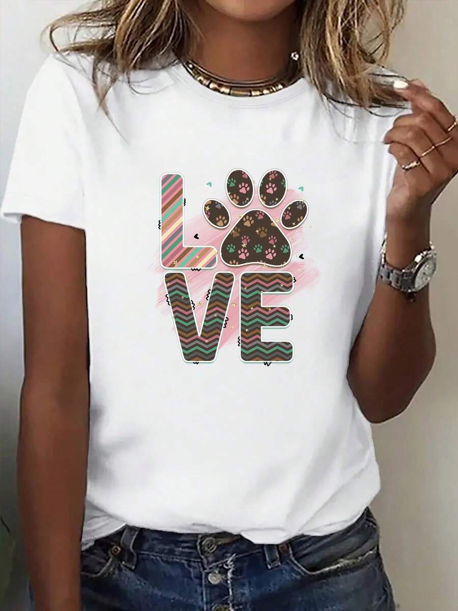 Women's Short-Sleeved Printed T-Shirt, Casual Spring/Summer T-Shirt With LOVE Patchwork Print, Short-Sleeved Top For Everyday Outings. Comfortable Basic Autumn T-Shirt, Short-Sleeved Printed T-Shirt For Outdoor Activities, Plain Short-Sleeved Top. T-Shirt - 白色 - 查看 1