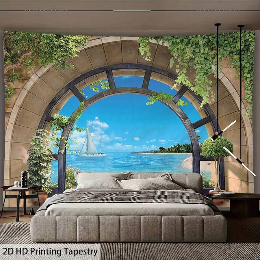 1件石拱海景帆船风景挂毯,蓝色海洋白色云朵和热带海岸印花,适用于卧室、客厅、宿舍家居装饰,涤纶面料,自然风景墙面艺术挂毯 - 海景帆船拱門款 - 查看 1