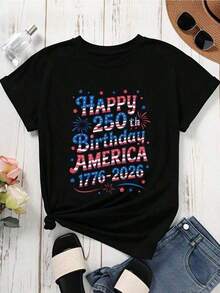 Happy 250th Anniversary Of America's Independence 1776-2026, Women's Independence Day Patriotic T-Shirt, White Graphic Tee, Celebration Tee With US Flag Design - 黑色 - 查看 3