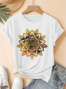 Spring/Summer 2026, New Women's Short Sleeve T-Shirt With Round Neck And Gradient Mandala Print, Distressed Vintage Style, Casual Sports Top, Soft Knit Fabric, High-Quality Women's Clothing. | Fun And Original Design | Fun And Youthful T-Shirt - Unisex Vintage Urban Style, Loose Fit, Cotton, Short Sleeve And Round Neck - 白色 - 查看 12