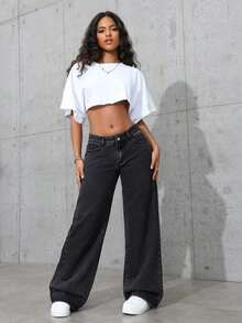 ICON Pantalones vaqueros de pierna ancha de unicolor, con bolsillos en ángulo, versátiles y casuales - Negro 3 - Ver 4