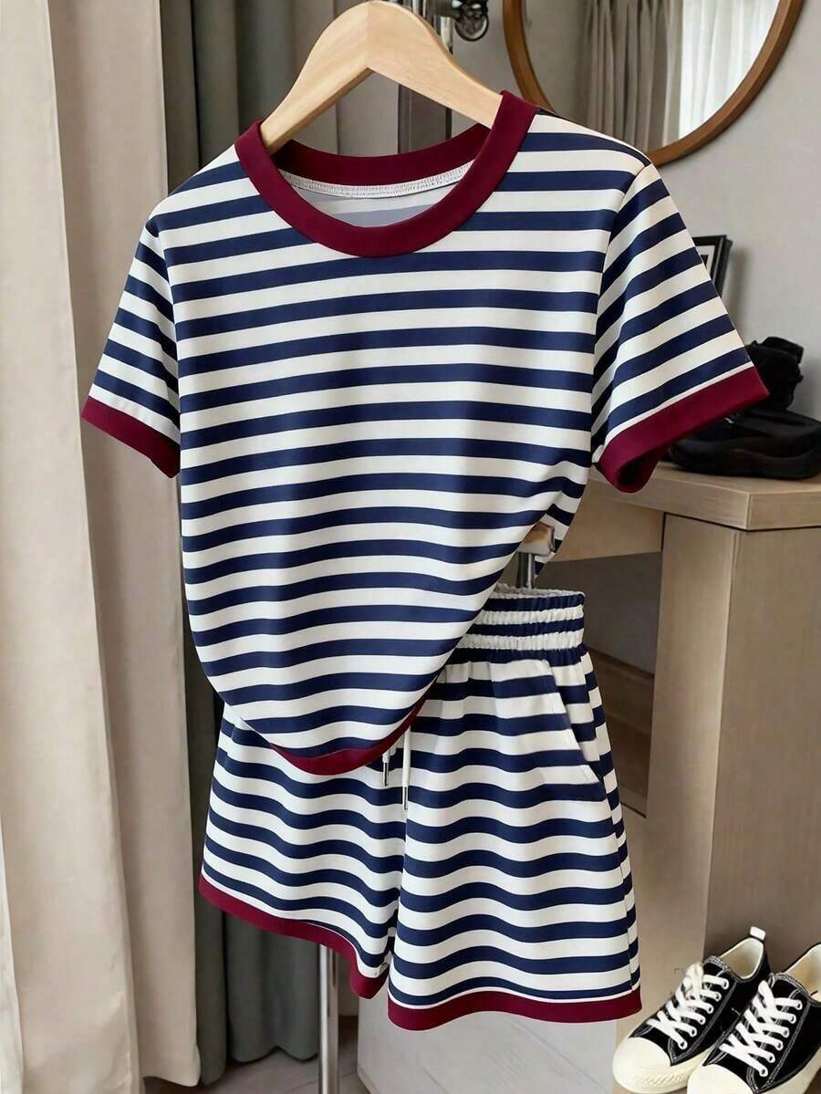 Conjunto informal de 2 piezas de mujer con estampado digital de rayas, cuello redondo y mangas cortas, regalo para amigos - Multicolor 2 - Ver 1