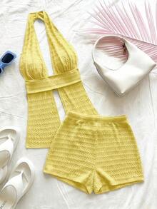 Conjunto de 2 piezas de top halter y shorts de moda para mujer de vacaciones - Amarillo 2 - Ver 5
