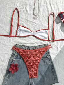 Swim Mod Traje de baño de verano con estampado floral para mujer, con tirantes finos, bikini sexy, vacaciones, ajustado, casual, lindo y juguetón, de dos piezas - Multicolor - Ver 2