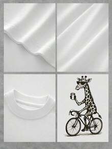 Soft Camiseta gráfica para mujer con una jirafa en bicicleta y estampado de café.Bonita camiseta informal de manga corta con un estampado animal único en algodón suave, perfecta para el día a día y con un toque de fantasía.patrón - Blanco - Ver 4