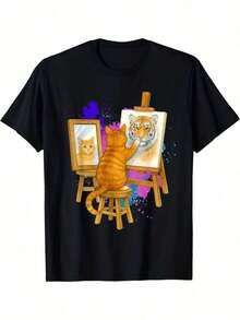 Unisex, Moda, Casual, Camiseta negra para hombre, diseño divertido con estampado de gato y tigre, impresión artística vibrante, cuello redondo informal, adecuada tanto para deportes como para uso diario. Camiseta con temática de gatos, camiseta cómoda, top con estampado, adecuada para todas las estaciones, ideal para actividades diarias al aire libre, tops para mujer, tops para mujer, top, ropa de mujer, mirada de sirena, ropa casual para mujer, - Negro - Ver 1