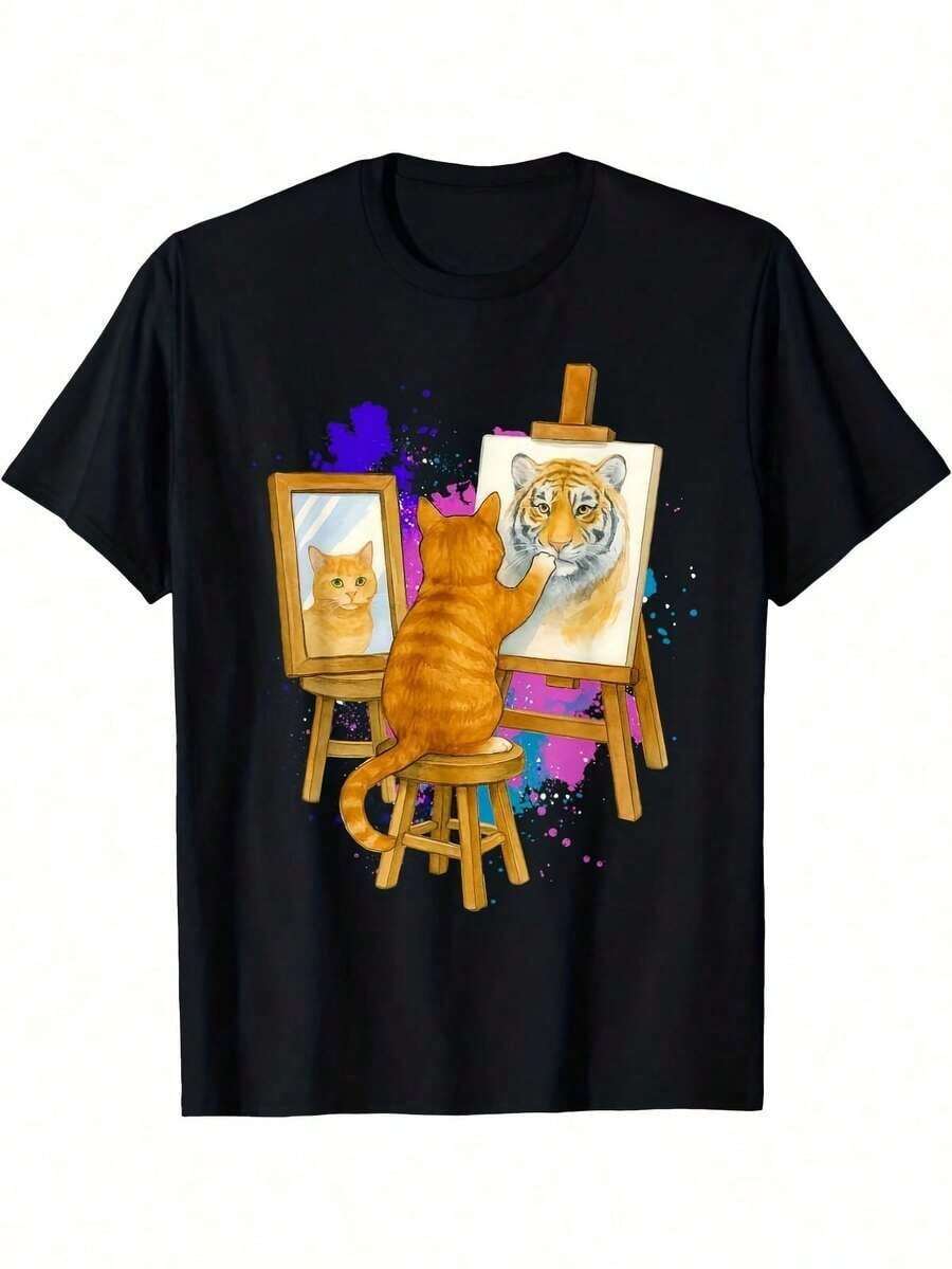 Unisex, Moda, Casual, Camiseta negra para hombre, diseño divertido con estampado de gato y tigre, impresión artística vibrante, cuello redondo informal, adecuada tanto para deportes como para uso diario. Camiseta con temática de gatos, camiseta cómoda, top con estampado, adecuada para todas las estaciones, ideal para actividades diarias al aire libre, tops para mujer, tops para mujer, top, ropa de mujer, mirada de sirena, ropa casual para mujer, - Negro - Ver 1