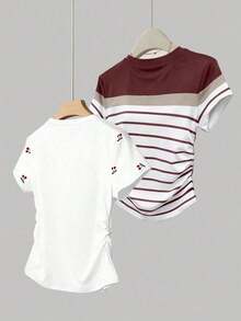 Set de 2 blusas de verano para mujer, camisetas con cintura ceñida, diseño de unicolor, burdeos y negro clásicos, de alta gama, para estudiantes, uso casual diario, adecuado para salir, ir de compras, usar en la oficina - Multicolor 3 - Ver 2