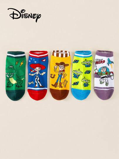  1/5 par de calcetines tobilleros para niños de Toy Story de Disney, calcetines casuales finos y transpirables con estampado de dibujos animados lindos para niños y niñas, calcetines cómodos y elegantes para estudiantes, para uso diario y como regalo de Pascua, primavera y verano