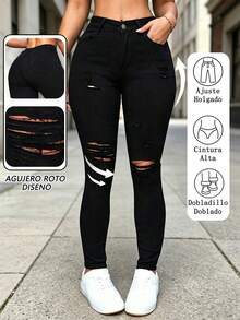 Pantalones vaqueros negros con roturas para mujer en talla grande, jeans ajustados que alargan visualmente las piernas​​​, Vaqueros ajustados elásticos con curvy - 2055 - Ver 1