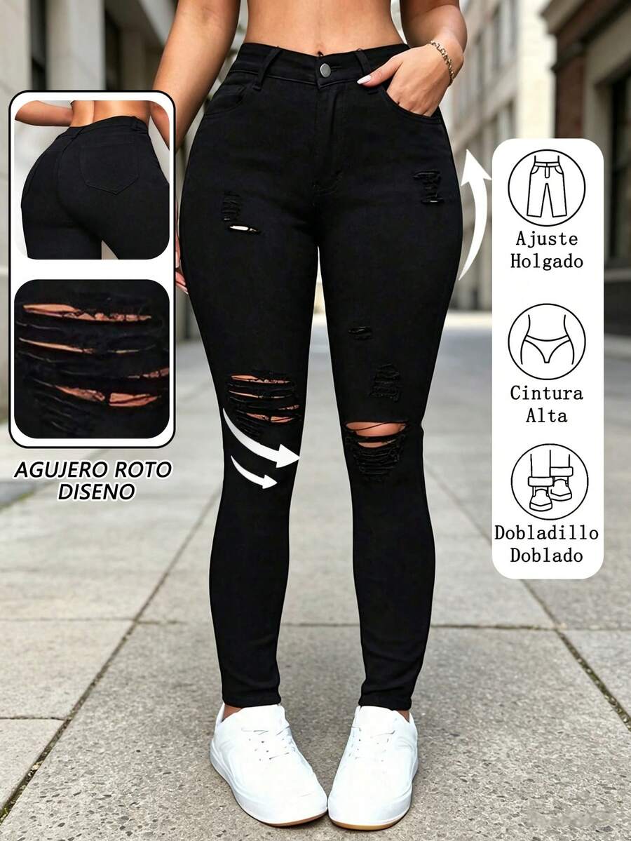 Pantalones vaqueros negros con roturas para mujer en talla grande, jeans ajustados que alargan visualmente las piernas, Vaqueros ajustados elásticos con curvy - 2055 - Ver 1
