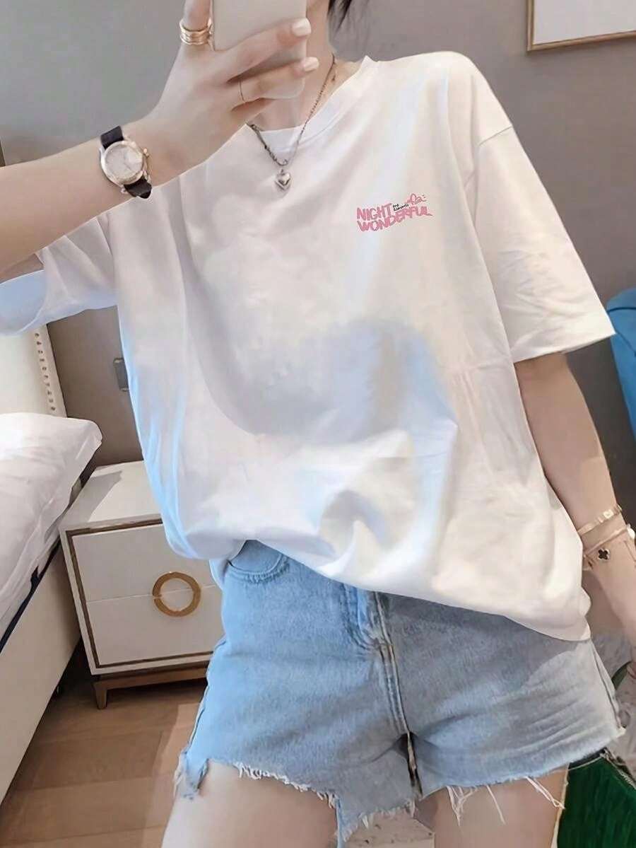 1 Pc Women's Vintage American Retro T-Shirt - Oversized Short Sleeve Casual Top With NO REGRET IN LIFE Print, Round Neck, Non-See-Through Fabric, Hand Wash, Summer T-Shirt, 180g 100% Cotton - 白色 - 查看 1