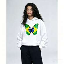 0504 Velsiss Moletom com Capuz Borboleta Bandeira do Brasil, Estampa Patriótica Verde e Amarelo, Ideal para Torcedores e Looks Casuais - Branco - Visão 1