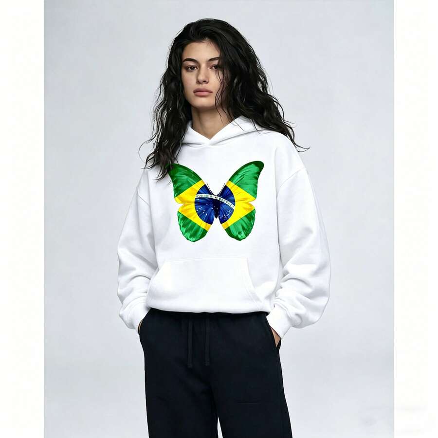 0504 Velsiss Moletom com Capuz Borboleta Bandeira do Brasil, Estampa Patriótica Verde e Amarelo, Ideal para Torcedores e Looks Casuais - Branco - Visão 1