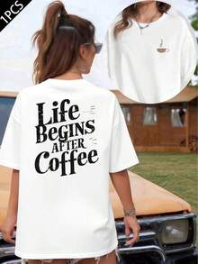 Graphic T-Shirt For Coffee Lovers, Short Sleeve Cotton T-Shirt With Round Neck, Double-Sided Print, Casual Fashion For Women (1 Piece) 100% Cotton, Soft Fabric - 白色 - 查看 6