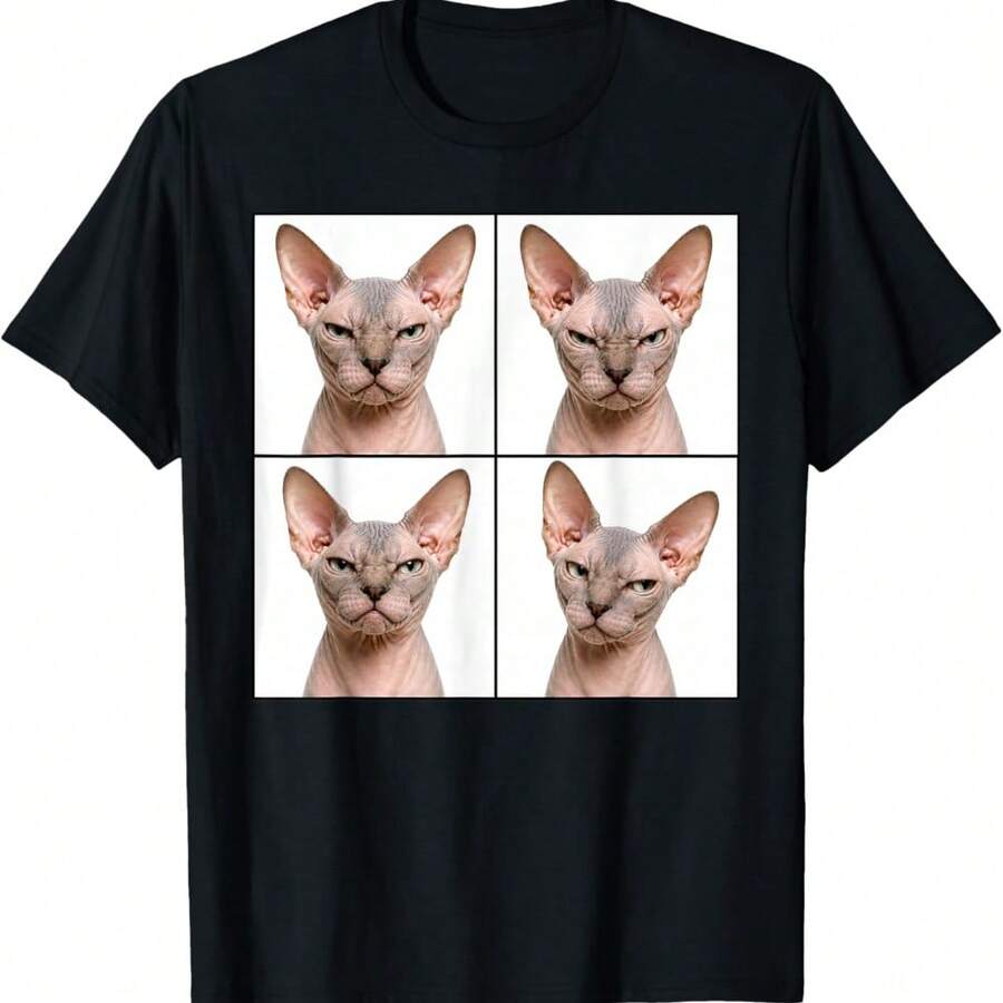 Funny Sphynx Cat In Photobooth | Hairless Cute Cats Poses T-Shirt - 黑色 - 查看 1
