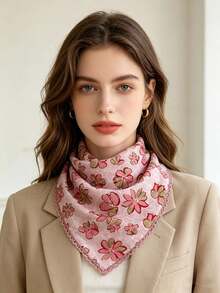 1 Pc Ladies' Soft & Breathable Printed Square Scarf/Headband/Triangle Scarf, With Colorfast Ditsy Floral Pattern, Suitable For Daily Wear For Dress - Multicolor - View 4