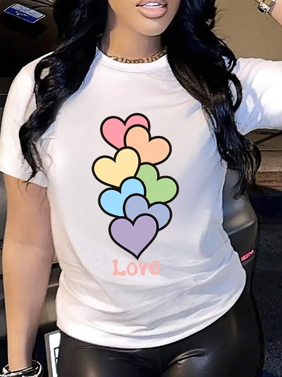 Women's Short Sleeve Cotton T-Shirt, Casual Short Sleeve Sports T-Shirt For Women - Breathable Fabric With Colorful Heart Print And Love Text, Round Neck, Regular Fit For Casual Spring And Summer Outfit, Ladies' T-Shirts, Comfortable T-Shirt. - 白色 - 查看 1