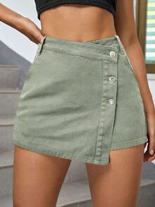Envoltorio de falda pantalón denim con dobladillo asimétrico de unicolor - Caqui - Ver 1