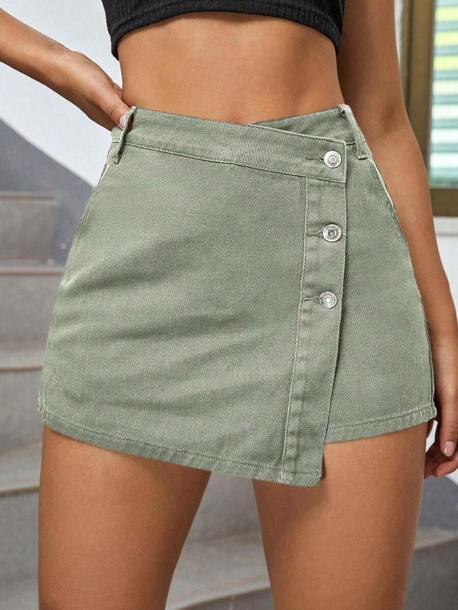 Envoltorio de falda pantalón denim con dobladillo asimétrico de unicolor - Caqui - Ver 1