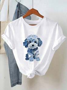 Set de 2 piezas con blusa de cuello redondo de manga corta con estampado de perro y shorts a rayas para mujer - Blanco 3 - Ver 4