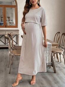 Vestido listado para maternidad y lactancia, moda adecuada para el verano - Caqui - Ver 3