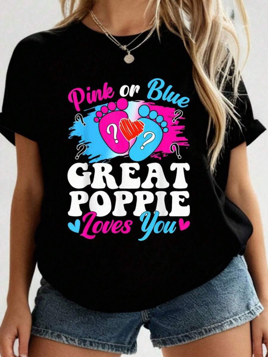 Camiseta de Revelación de Género Bebé Rosa o Azul Gran Poppie Te Amo 2026 Nueva Camiseta Impresa para Mujeres, Camiseta de Otoño para Mujeres, Camiseta de Invierno para Mujeres, Camiseta de para Mujeres ISLV - Negro - Ver 1