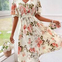 Boho Chic Blue Floral Print Shirred Waist A Line Midi Dress For Women With V Neck And Puff Sleeves - Rojo - Ver 4