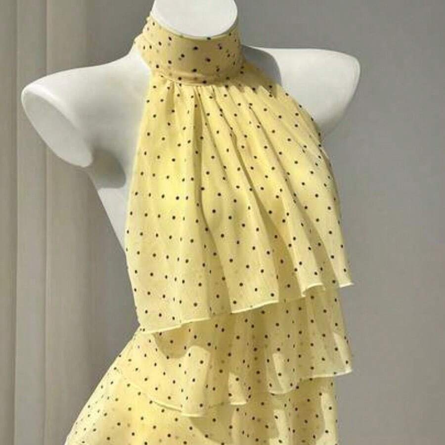 Camisa de mujer con volantes y estampado de lunares, con lazo a la cintura, estilo casual y de vacaciones, ajuste favorecedor, adecuada para la playa - Amarillo - Ver 1